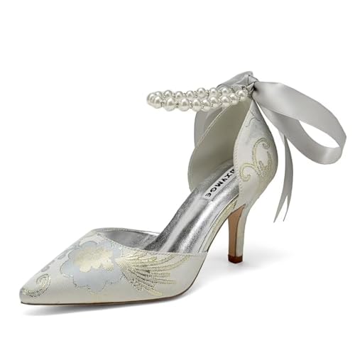 Women Floral Satin Pearl Wedding Shoes for Bride Closed Toe Bridal Heels