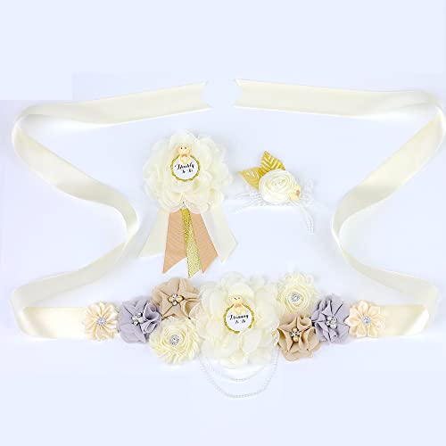 Ivory Handmade Maternity Flower Sash Belt with Badge Set Pregnant Women Waisband Belt Mom to Be Sash Photography2