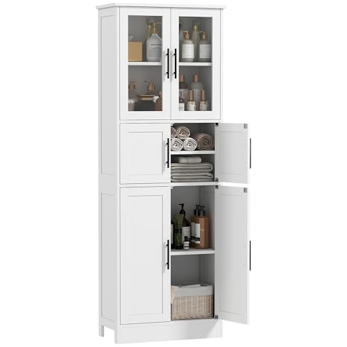HOMCOM Meuble de Salle de Bain, Meuble de Rangement à 6 Niveaux avec 6 Portes Dont 2 vitrées et étagères réglables, Style Moderne, Armoire de Cuisine,...