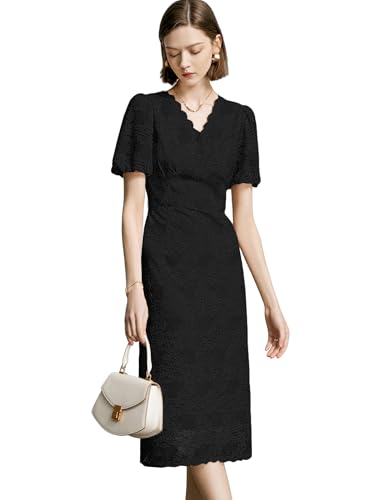Image of Women's Lace Floral V-Neck Dress with Puff Sleeves and Back Zipper, Elegant and Romantic Design