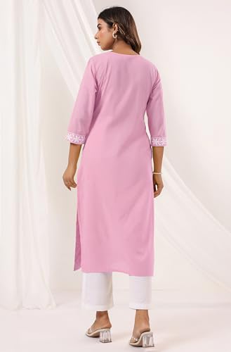 Image of Janasya Women's Pure Cotton Embroidered Straight Kurta
