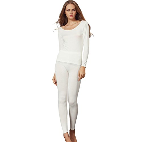 Liang Rou Womens Scoop Neck Top & Bottom Ultra Thin Thermal Underwear Set Off-White Large