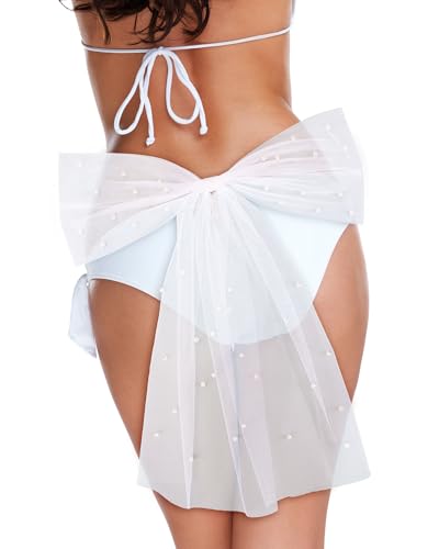 Suncalla Bachelorette Party Pearl Bikini Bow White Tulle, Bride Gift Bride Bathing Suit Accessory Summer Swimsuit Outfit Decorations for Bridesmaid Shower Favors Engagement Beach Pool Party