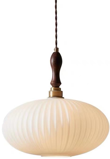 Suspension en verre opalin style Mid-Century et bois pour salle à manger