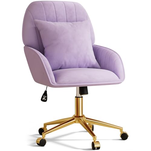 Home Office Desk Chair Comfy with Adjustable Swivel Wheels Modern Velvet Makeup Vanity Chair with Back & Pillow Ergonomic Office Chair Computer Task Chair for Living Room Bedroom Purple