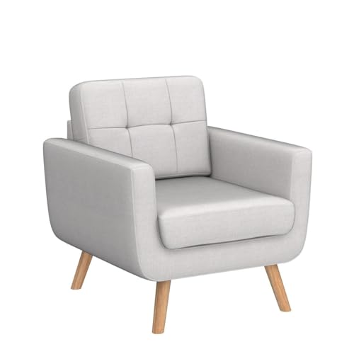 Tbfit Linen Fabric Single Sofa, Accent Chair, Mid Century Modern Armchair for Living Room, Bedroom Button Tufted Upholstered Comfy Reading Sofas, Beige | linen fabric, button tufted, solid wood foot, pocket spring, wood slats frame