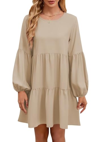 Image of QACOHU Falll Dresses for Women 2026 Crew Neck Long Lantern Sleeve Casual Loose Flowy Swing Shift Dress