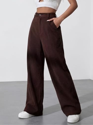 Image of SMOWKLY Women's Corduroy Mid Rise Wide Leg Korean Bottomwear with Pocket | Loose & Relaxed Fit Casual Baggy Trousers for Woman Elegant Workwear for Office, College & Events