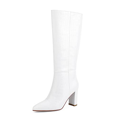 Modatope White Knee High Boots Women Chunky High Heel Boots For Women Size Zipper Women Knee High Boots Crocodile Tall Boots Pointed Toe Size 10 #TOP4