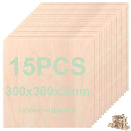 WOPPLXY 15 Stück Sperrholzplatte 3mm, 300 x 300 x 3mm Holzplatten zum Basteln, Lindenholzplatten für Malerei, DIY Modell, Dekorationen, Laserprojekte