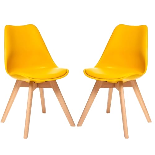 2 Chaises Tulipes Salle à Manger Scandinaves BM Home Salle de Bureau, Pieds en Bois de Hêtre Massif, Colorie Jaune