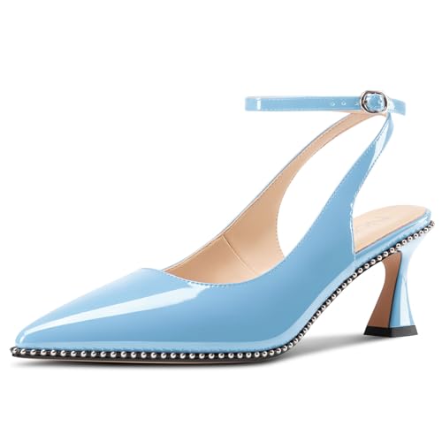Image of NobleOnly Womens Slingback Heels Beaded Pumps Ankle Strap Pointed Toe Kitten Heels Dress Shoes 2.6 Inches