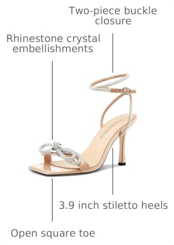 Image of TNYNFBEB Womens Stiletto High Heel Open Square Toe Sandals Ankle Strap Two-Piece Buckle Rhinestone Crystal Bow-knot Prom Dress Summer 3.5 Inches Heels