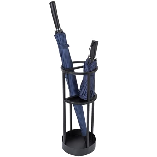 Image of Metal Umbrella Stand with Drip Tray, Black, Round, 19.7 x 8.0 Inch, Entryway Holder