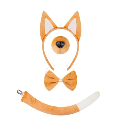 predolo 犬の耳のヘッドバンド動物のコスチュームセット、しっぽのヘッドバンド、鼻の蝶ネクタイ付き。柔らかいポリエステル製で、お子様にも快適に着用できます。, 茶色