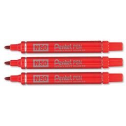 PACK OF 3 PENTEL N50 PERMANENT MARKERS - RED - BULLET TIP 1.5-2mm LINE. N50-B
