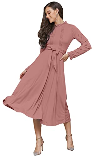KOH KOH Womens Long Sleeve Pockets Fall Winter Modest Dressy Wedding Guest Party Evening Vintage Formal Knee Length Flowy Office Tall Mini Midi Dress Dresses, Cinnamon Rose Pink L 12-14