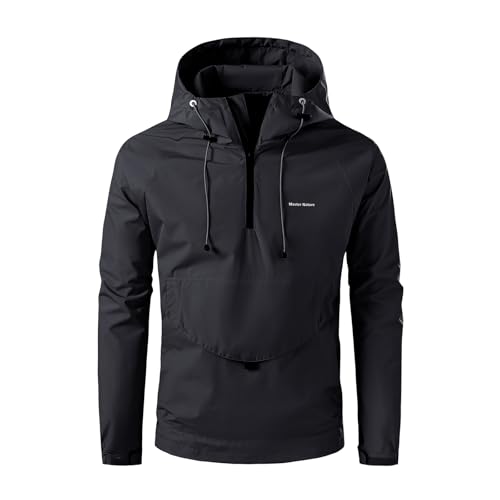 Men's Windproof Water-Resistant Hoodie Windbreaker Jacket Large Front Pocket Adjustable Hood Outdoor Relaxed Fit
