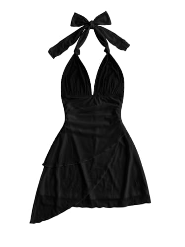 Image of SOLY HUX Women's Y2K Summer Beach Halter Mini Dress | Retro Floral Dress, V Neck, Backless, Club Nightout, Sexy Going Out Clothes, Birthday Dress