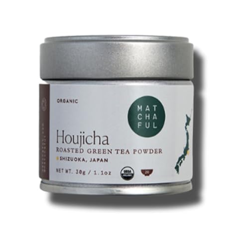 Matchaful Houjicha Powder - Organic Roasted Green Tea Powder - Smooth and Earthy with Flavor Notes of Coffee, Puffed Rice, Cacao - Enjoy Hot or Iced - 30g Tin