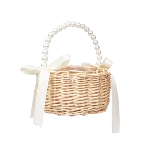 Handmade Wicker Flower Girl Basket with Handle and Ribbon - Rattan Candy Basket for Wedding Parties