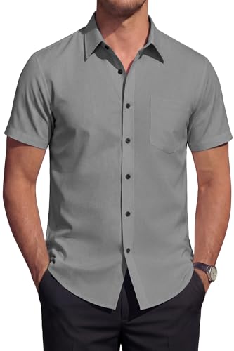 HISDERN Camisa Manga Corta Hombre Vestir Formal Elástica Sin Plancha Camisas de Verano Casual Trabajo Business Regular Fit con Botones y Bolsillo Gris M
