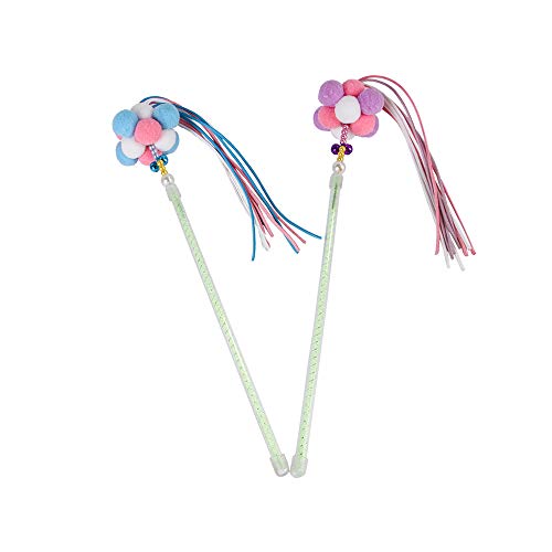 Amasawa 2 Pieces Fairy Stick Cat,Cat Teaser Toy,Pet Toy Ball Feather Tassel Fairy Stick Cat Funny Stick Pompom Plush Ball Bell Tassel Teaser Wand Stick Play Bite Toy