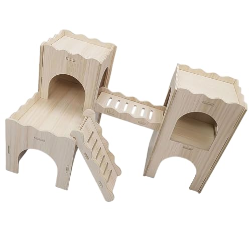 小さなハムスターは木の家を迷います楽しいスライドハウスドワーフハムスターと小さなげっ歯類のげっ歯類ケージ家具のための窓のあるダブルデッキの小屋