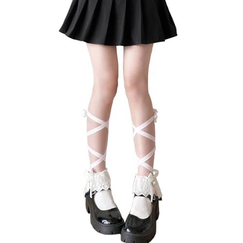 Clispiy Gothic Ribbon Ties Bandage Lolita Ankle Sock Lace Ruffle Frilly Socks