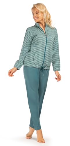 Consult-Tex Damen Hausanzug Baumwolle Fleece, Freizeitanzug für Frauen mit Reißverschluß DW444grün. Gr.: 36/38