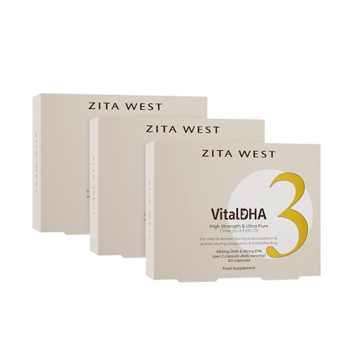 Zita West Vital DHA with Omega 3 + Zinc for Fertility - Essential Multivitamins for Preconception, Pregnancy & Breastfeeding -Three Months Supply (Pack of 3, 3 x 60 Capsules)