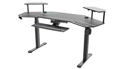 EUREKA ERGONOMIC Scrivania Gaming 182x76 cm Scrivania Regolabile in Altezza Elettrica Scrivania Computer PC Gaming a Forma Ala con LED Ripiani Convertibili per Monitor, Vassoio per Tastiera