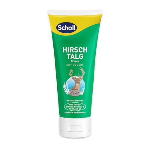 Scholl Hirschtalgcreme 100 ml - Fußcreme gegen Hornhaut und Feuchtigkeitscreme für Hände und Füße, Fußpflege für trockene Haut mit Kamille, Aloe Vera und Rosmarinöl, Hautglättend, PH-Hautneutral