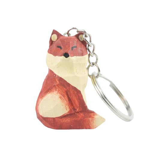 WEIGANGFANG 木彫り キツネ キーホルダー 木製 レッドフォックス キーチェーン かわいい動物 キーリング バックパック ペンダント 女の子と男の子、女性へのギフト。, レッド, 1