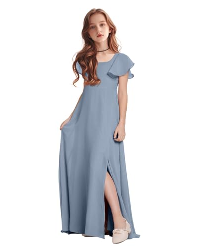 TAISHAN Junior Bridesmaid Dress for Wedding with Ruffle Short Sleeves & Slit - First Communion Dress for Teen Girls