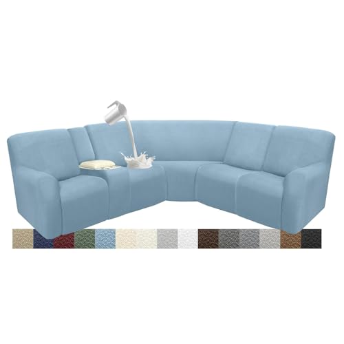 ROFASVCO Waterproof Reclining Sectional Couch Covers Washable L Shaped Couch Cover for Sectionals Recliner Sofa Covers Stretch Corner Recliner Slipcovers(5 Seater 1 Console Cover, Light Blue)