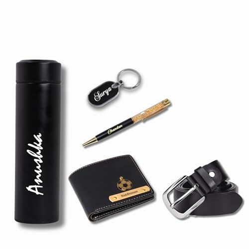 Image of Personalized Name & Charm Leather Mens Wallet Combo | Gifts for Men Husband Boyfriend Staff Employees Clients Colleagues Friend (Wallet,Pen,Keychain,Belt&Bottle)