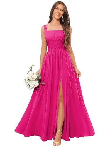 Women's Square Neck Chiffon Bridesmaid Dresses with Pockets Pleated A Line Formal Evening Dresses with Slit