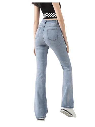 SweatyRocks Girl's Casual High Waisted Zip Up Jeans Solid Flare Leg Stretch Denim Pants2