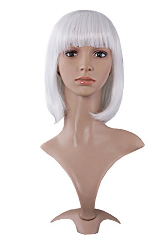 MapofBeauty 12"/30cm Fashion Girl Short Straight Wigs Flat Bangs Bob Wigs (White)