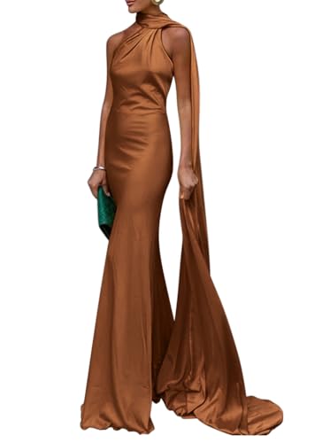 Minetom Cocktailkleid Damen Elegant Neckholder Satin Abendkleid Partykleid Maxikleid Rückenfrei Hochzeit Festlich Langes Kleid A Braun M