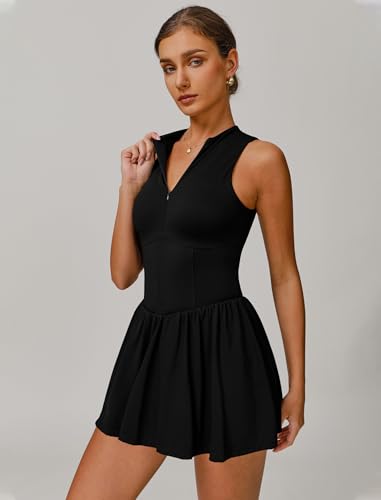 Womens Tennis Golf Dress with Built-in Bra Shorts Zipper Slim Fit A-line Hem Skirt Athletic Dresses with Pockets2