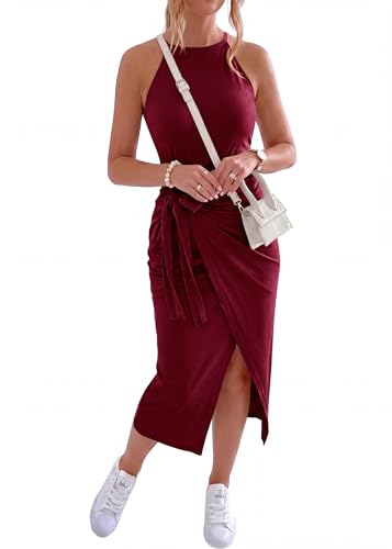 Image of NOLLSOM Women Casual Sleeveless Striped Tank Midi Dresses Halter Neck Ruched Bodycon Dresses Tie Waist T Shirt Summer Dress