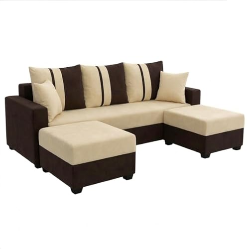 Image of Zenix 5 Seater L Shape Sofa Set with 2 Movable Ottomans | Flexible Layout | Rich Velvet Suede Fabric | Silver Legs | Spacious Seating | Modern Sofa for Living Room (Dark Brown-Cream)