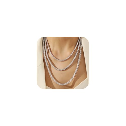 Moissanite Tennis Necklaces for Women 18k White Gold Men Necklaces 925 Sterling Silver Necklaces for Women Gifts 3-5mm Moissanite, Womens Necklaces Size 14-22 Inch