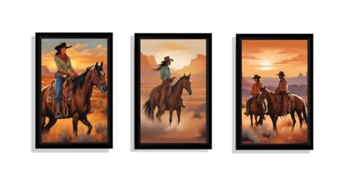 Western Horse Wall Art Set of 3 | Sunset Horse Rider Framed Paintings | Modern Rustic Wall Decor for Living Room, Bedroom, Office & Café