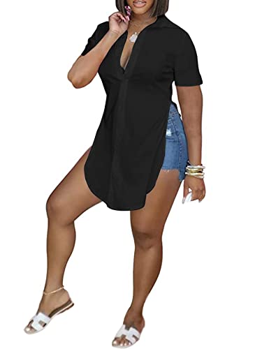 LYANER Women's Collar V Neck Button Down Slit Hem Short Sleeve Blouse Long Shirt Top3