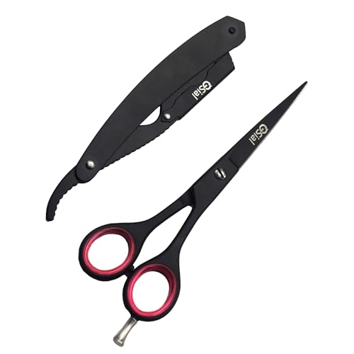 Professional Hairdressing Scissor and Razor Set Hair Cutting Scissor Shears Kit Hair Beard Trimming Shaping Grooming Thinning Shears for Men Women Hairdresser Home Salon Barber Haircut Kit Black