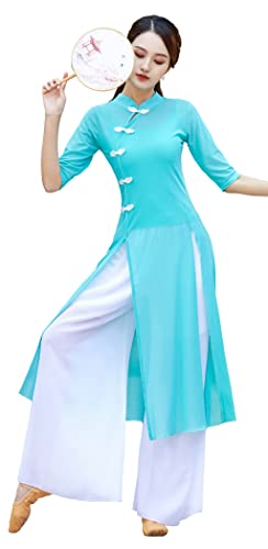 Angcoco Women's Traditional Cheongsam Style Half Sleeved Dress+Inner Camisole+Chiffon Pants Set