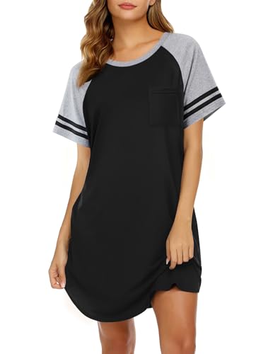 Image of Ekouaer Nightgowns for Women Color Block Sleep Shirt Short Sleeve Sleepwear